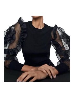 Zara Black Sheer Ruffle-Sleeve Long Sleeve Top